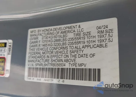 2024 Honda Odyssey Sport from USA, damaged, VIN 5FNRL6H77RB056504